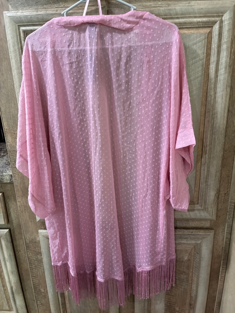 Mixit Pink Foxglove Swiss Dot Kimono Sheer With Fringe Swim Coverup
